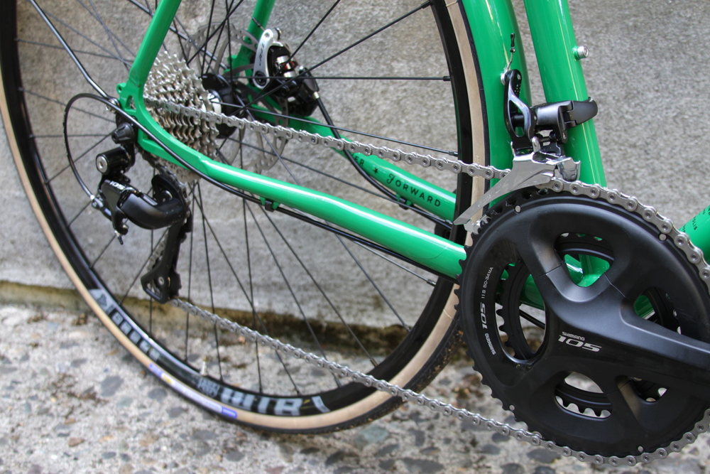  Shimano 105 cranks and derailleurs with Ultegra Shifters, Chain and Cassette. Put the dollars where performance really matters. 